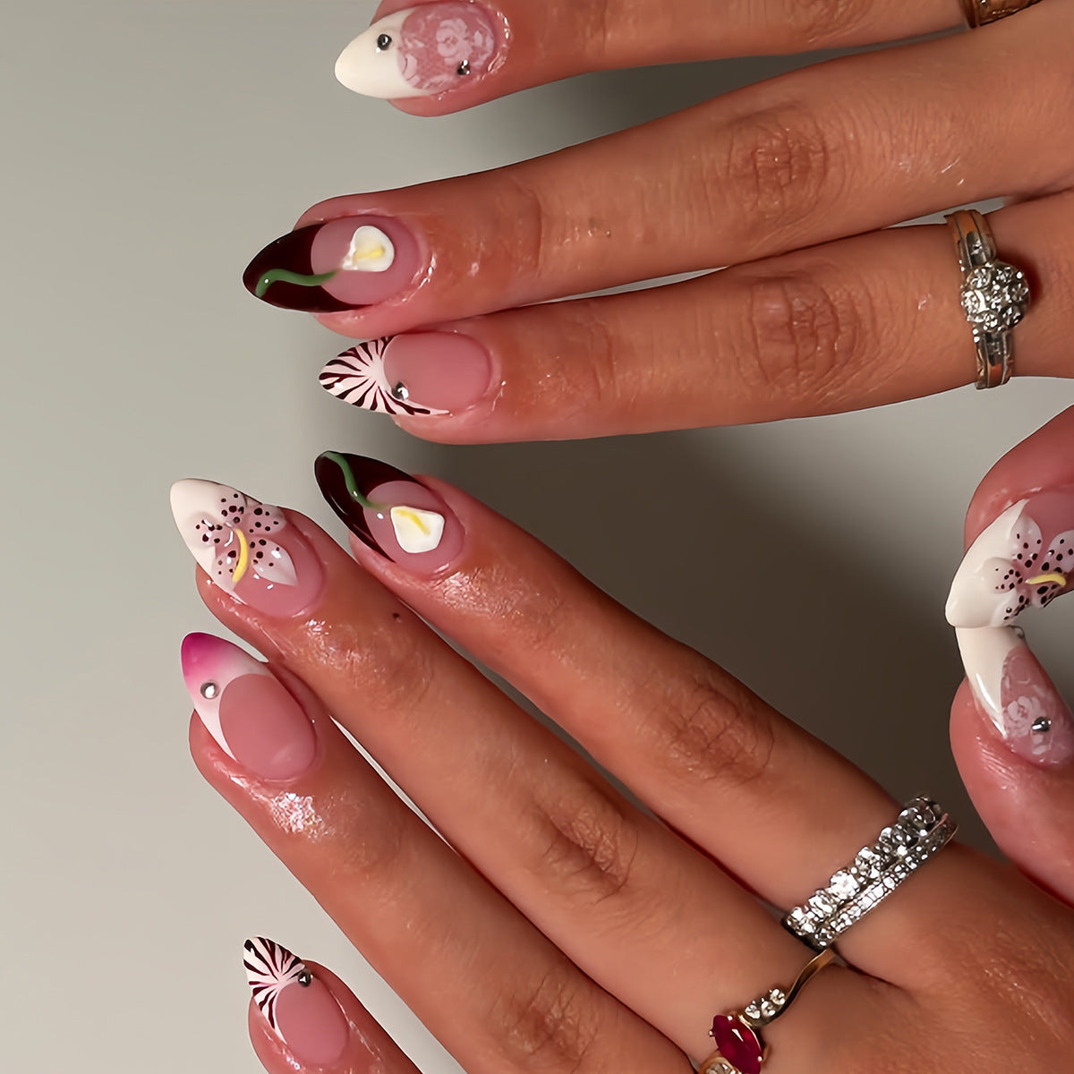 Whimsical Floral Fantasy Medium Almond Pink Press On Nail Set with Unique Embellishments