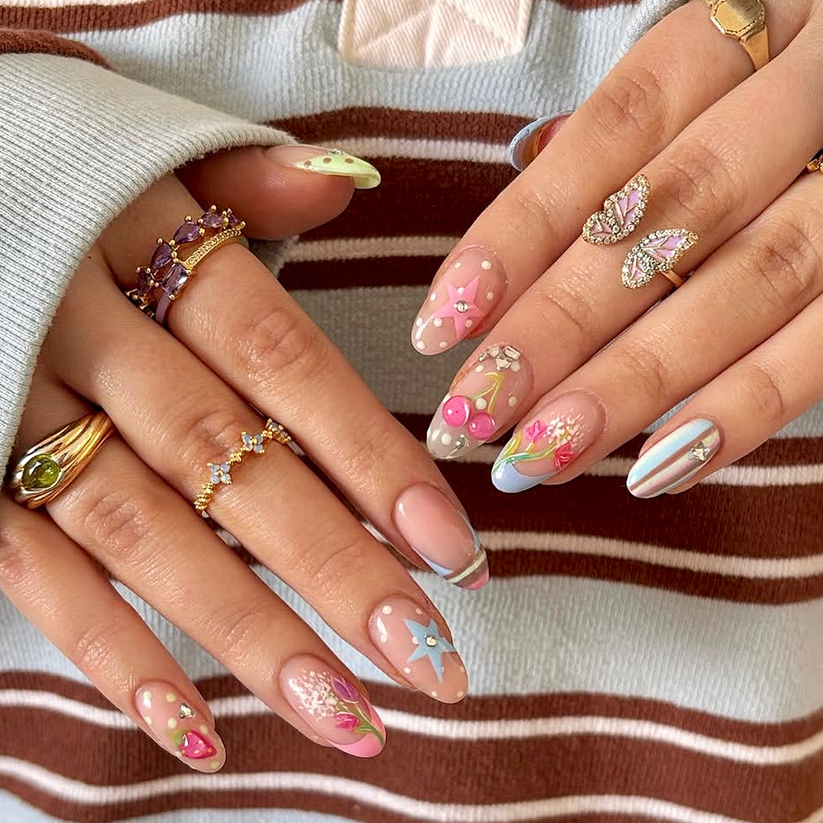 Whimsical Blossom Medium Almond Peachy Floral Nail Set