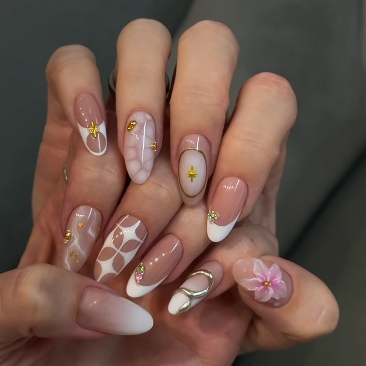 Elegant Floral Fantasy Medium Almond Pink with Stunning Gold Accents Press-On Nail Set