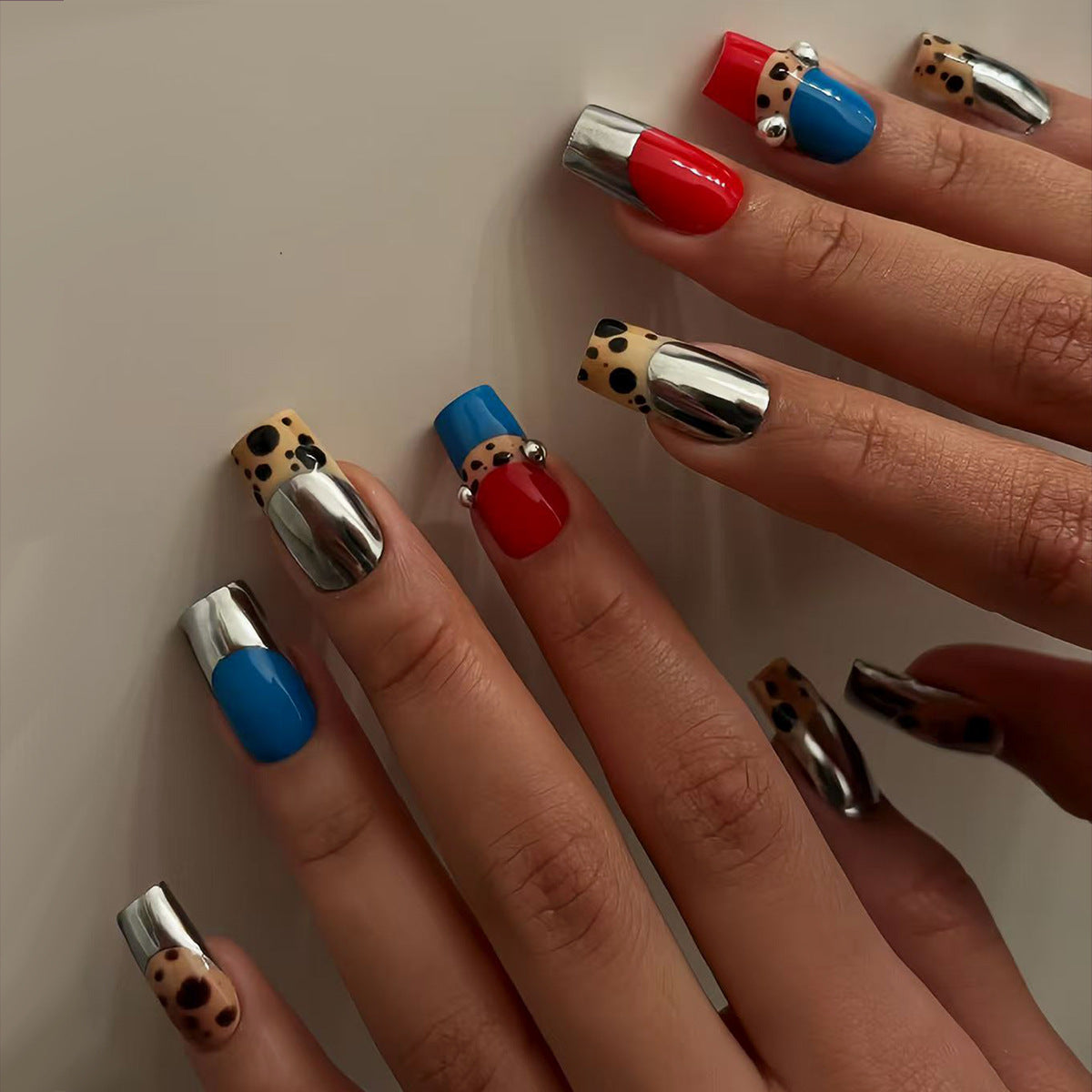 Chic Animal Print Medium Square Red and Blue Metallic Accent Press On Nail Set