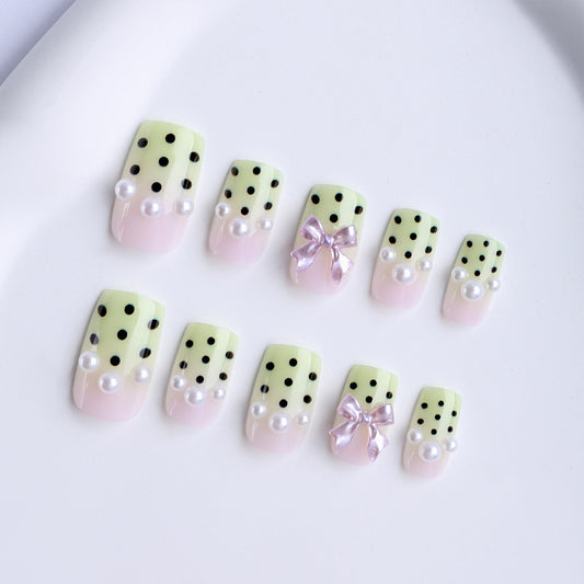 Playful Polka Dot Short Square Mint Green with Charming Bows and Pearls Press-On Nail Set