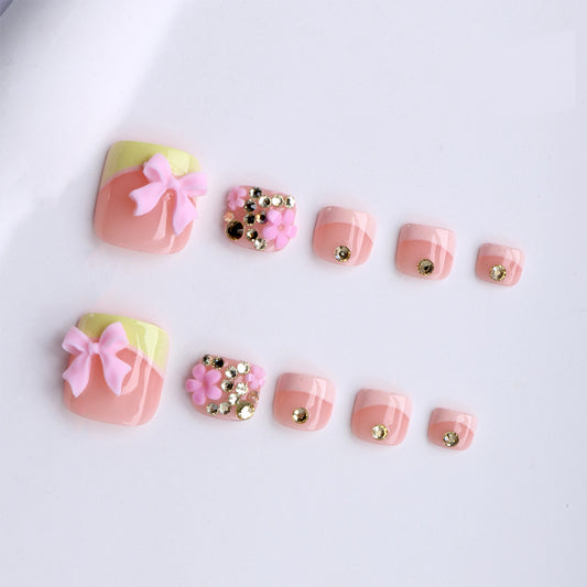 Charming Floral Delight Short Square Pink with Bow and Glitter Details Press on Toenail Set