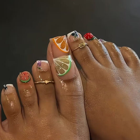Fresh Citrus Delight Medium Square Transparent with Fruit Designs Press on Toenail Set