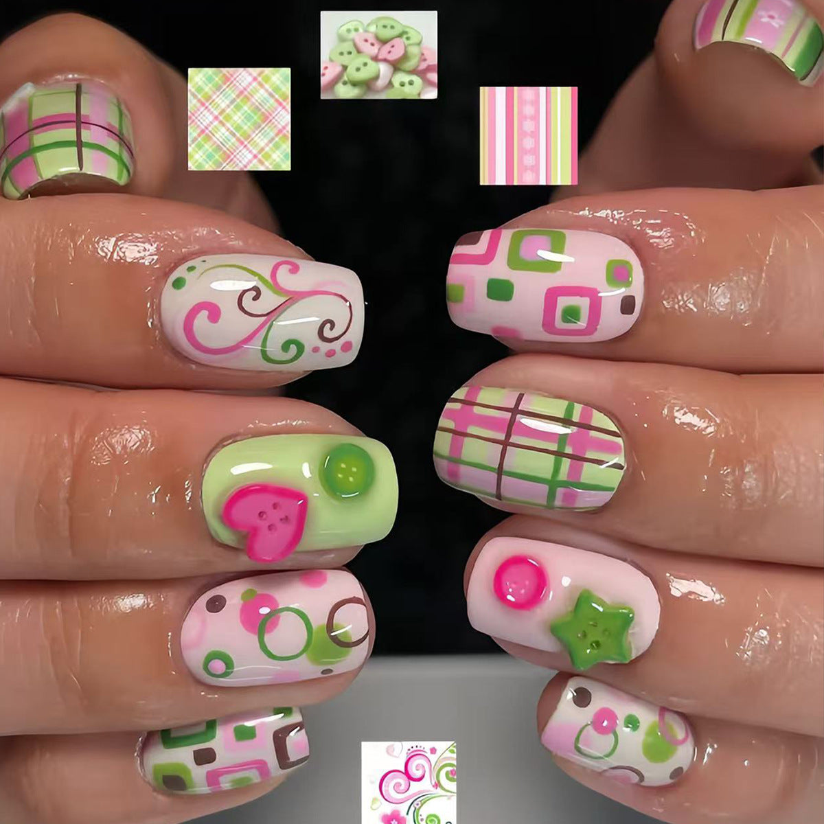 Whimsical Garden Short Square Pink and Green Textured Press On Nail Set