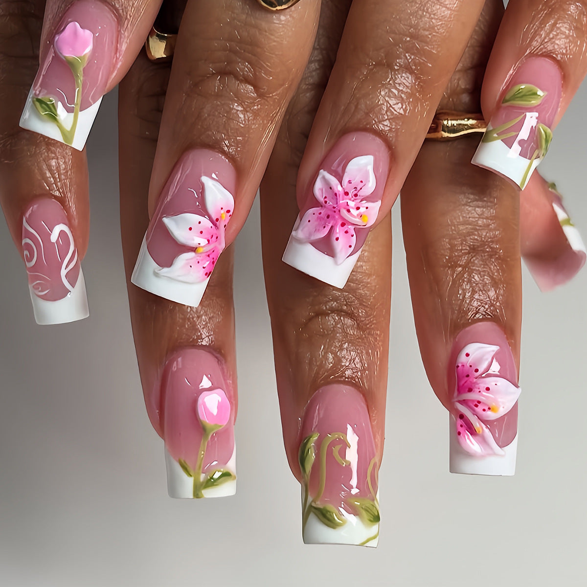 Floral Elegance Medium Square Pink with Intricate Hand-Painted Designs Press-On Nail Set