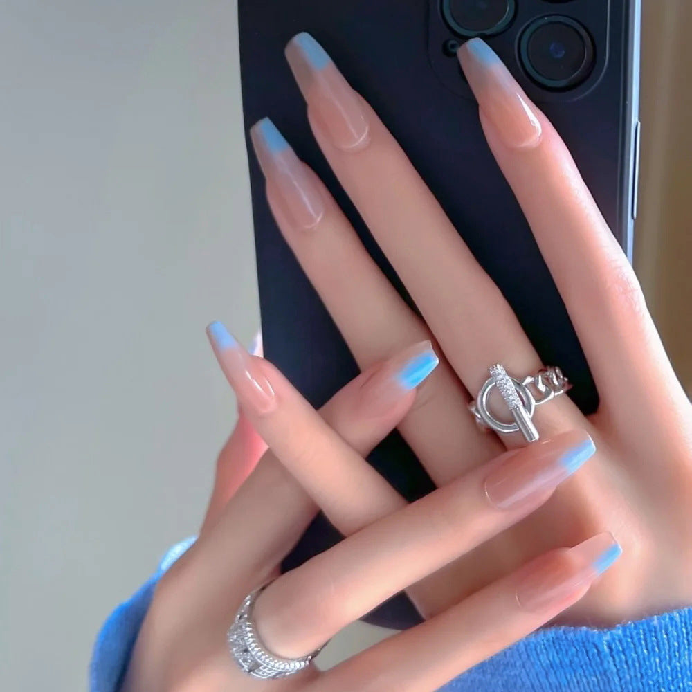 Dreamy Ombre Long Coffin Clear with Blue Tip Press on Nail Set