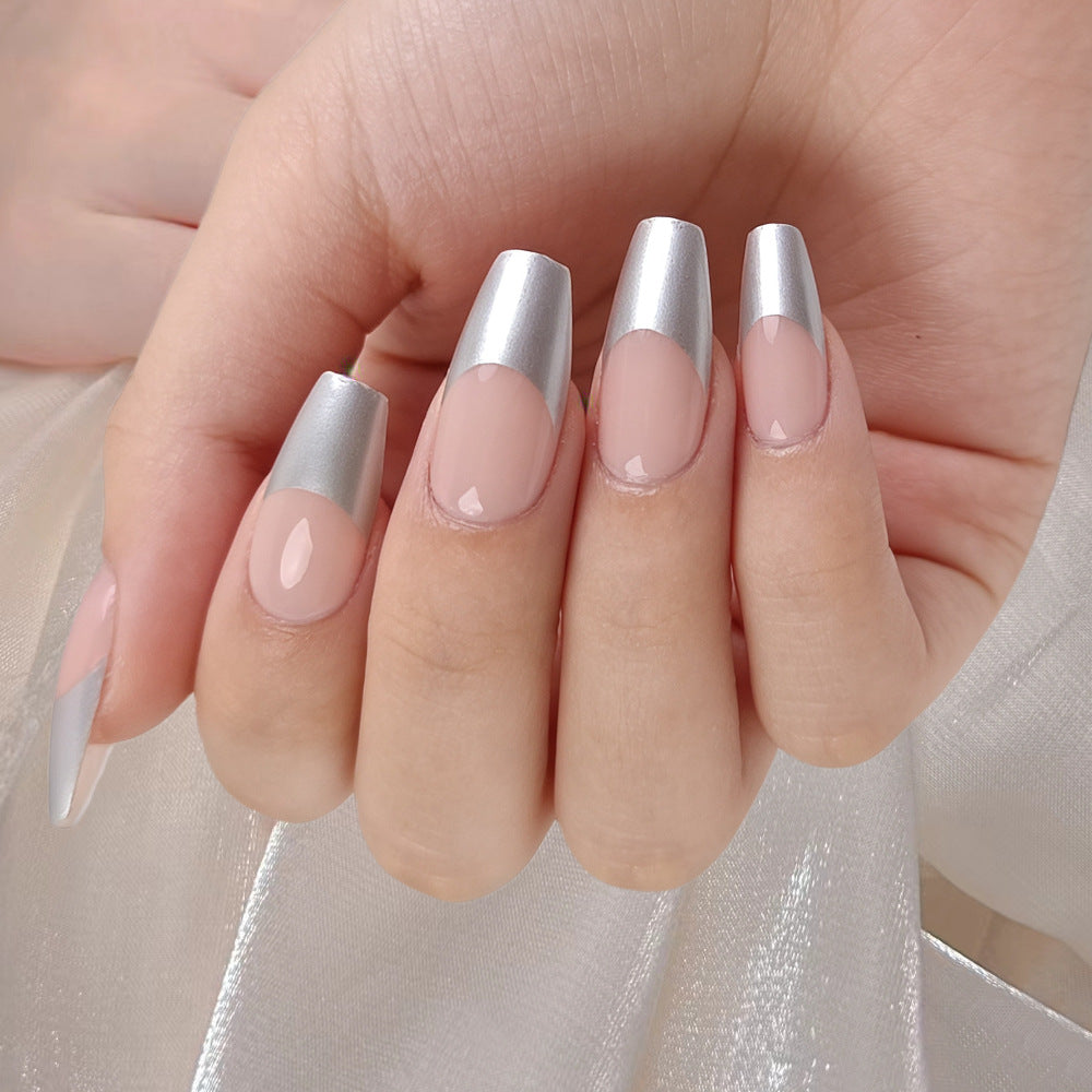 Elegant Silver Dream Long Stiletto Shape Natural Pink Color with Glossy Metallic Finish Press On Nail Set