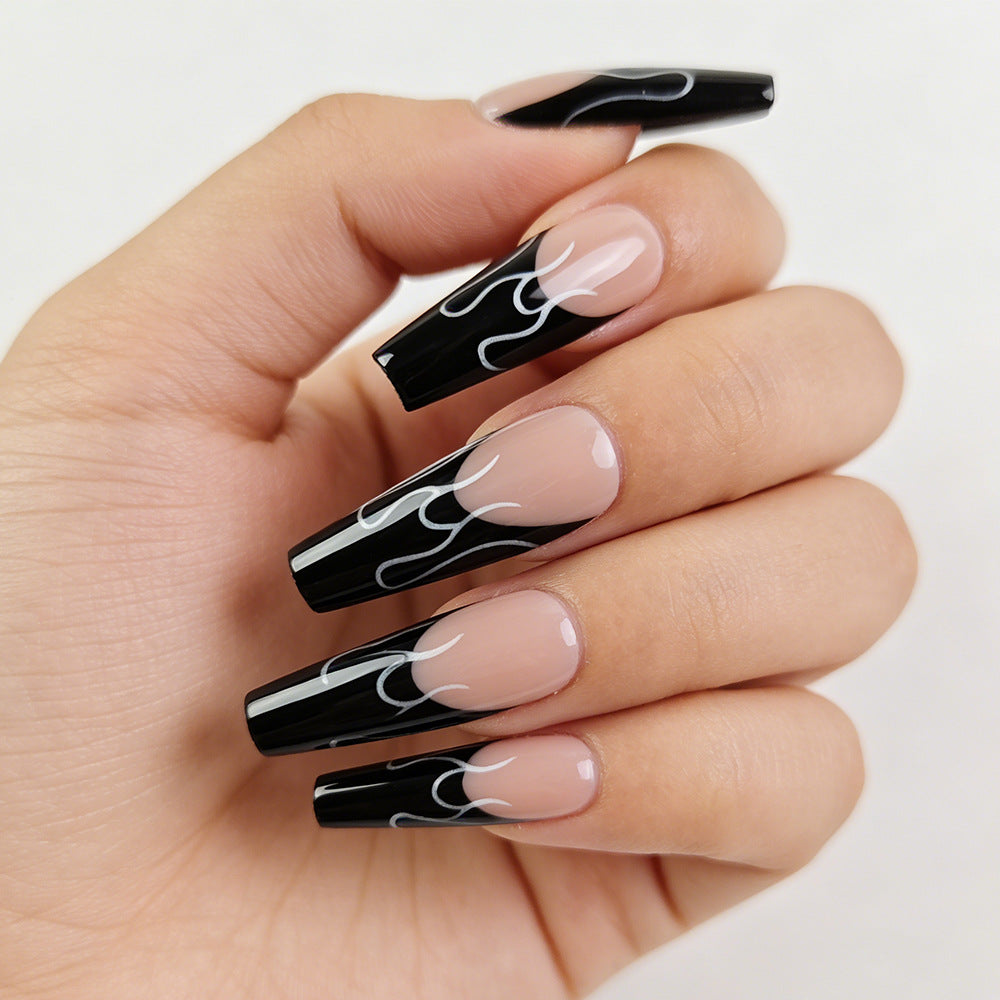 Fierce Flames Long Coffin Black and Beige Press On Nail Set with Unique Flame Design