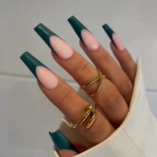 Ocean Breeze Long Coffin Green and Pink Gradient Press On Nail Set with Stunning Gloss Finish