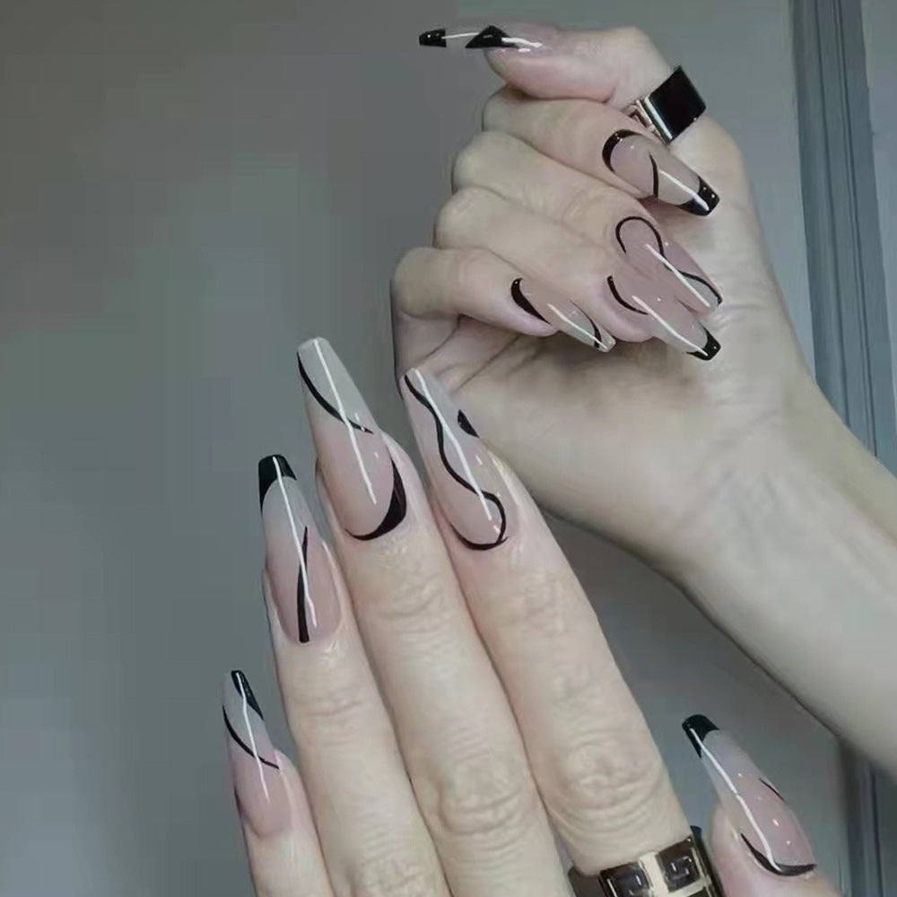 Chic Waves Long Coffin Beige and Black Artistic Press On Nail Set