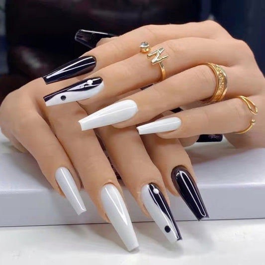 Chic Monochrome Elegance Long Coffin Press On Nail Set in Black and White with Artistic Accent Design