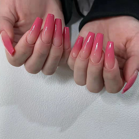 Chic Blossom Long Coffin Gradient Pink Press On Nail Set with Glossy Finish