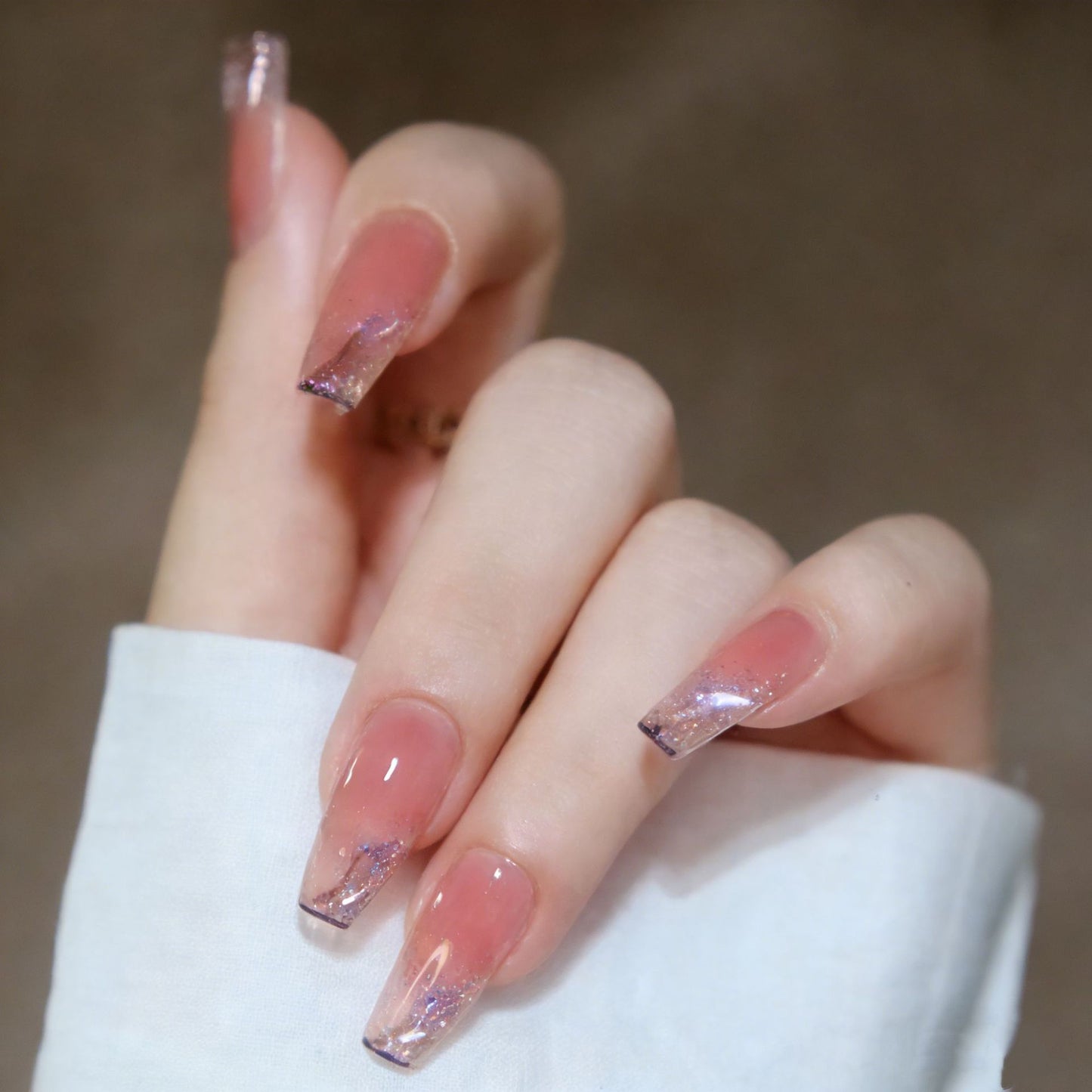 Celestial Glamour Long Coffin Pink Gradient Press-On Nail Set with Iridescent Glitter Tips