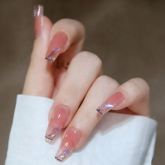 Celestial Glamour Long Coffin Pink Gradient Press-On Nail Set with Iridescent Glitter Tips