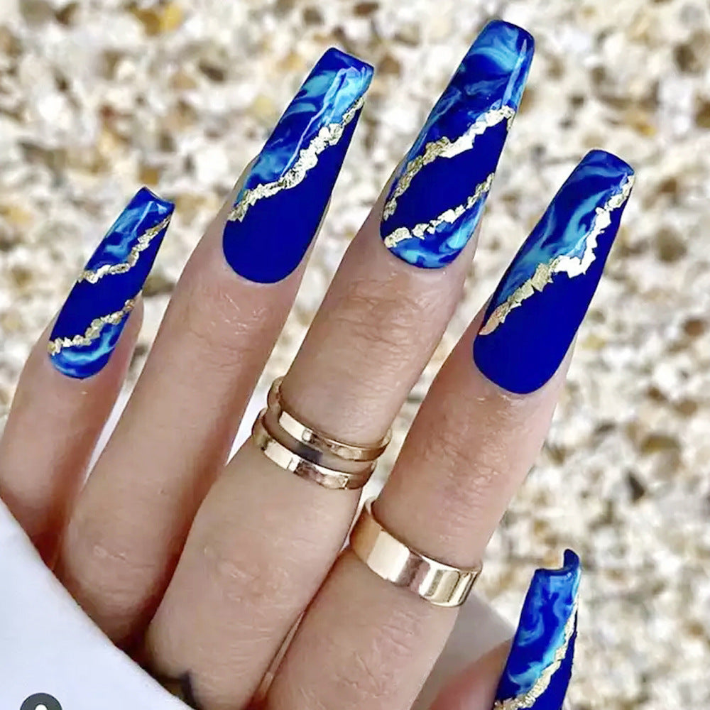 Ocean Wave Coffin Press On Nail Set Long Blue with Gold Accent Marble Design