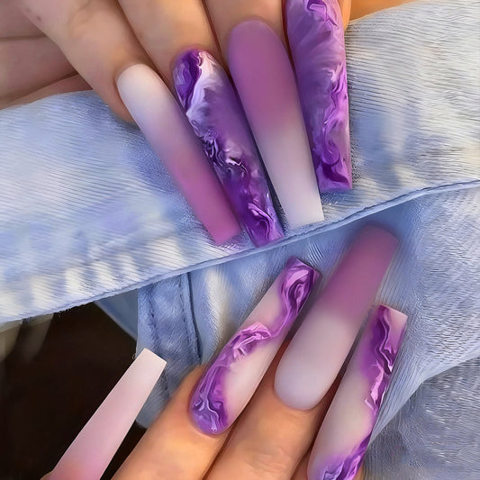 Mystical Orchid Long Coffin Purple Ombre Marble Press-On Nail Set
