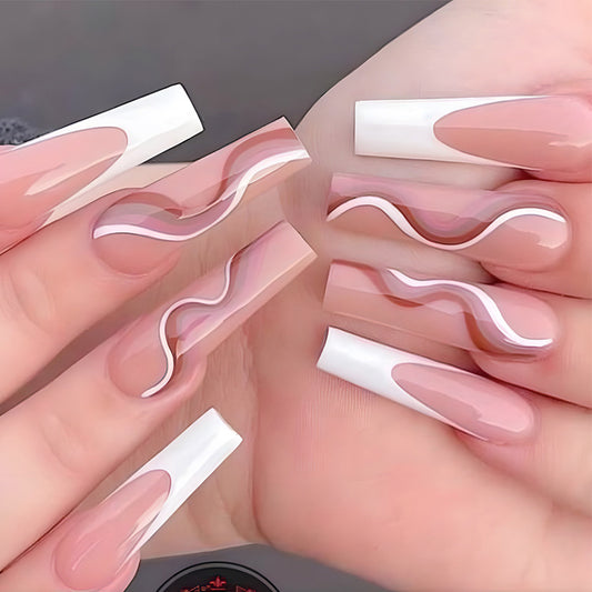 Chic Elegance Long Square Pink and White Press-On Nail Set with Unique Wave Design