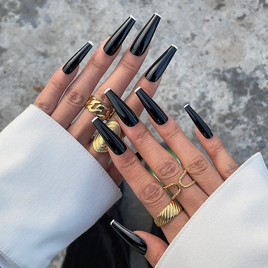 Gothic Elegance Long Coffin Black Press On Nail Set with Glossy Finish and Chic White Tips