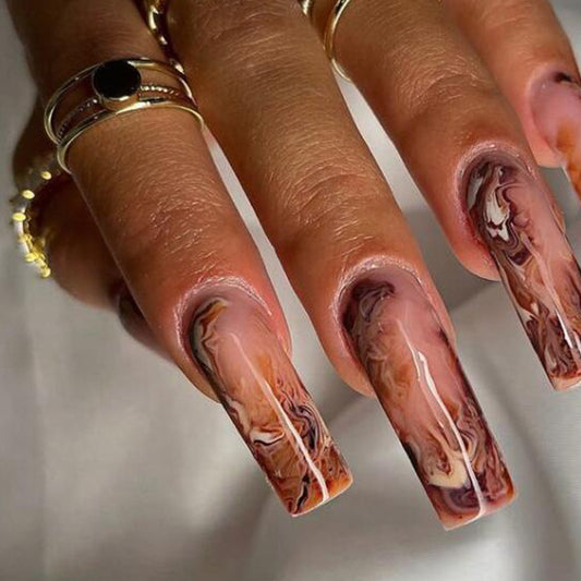 Marble Dream Long Square Shape Brown and Beige Swirl Press On Nail Set for Glamorous Style
