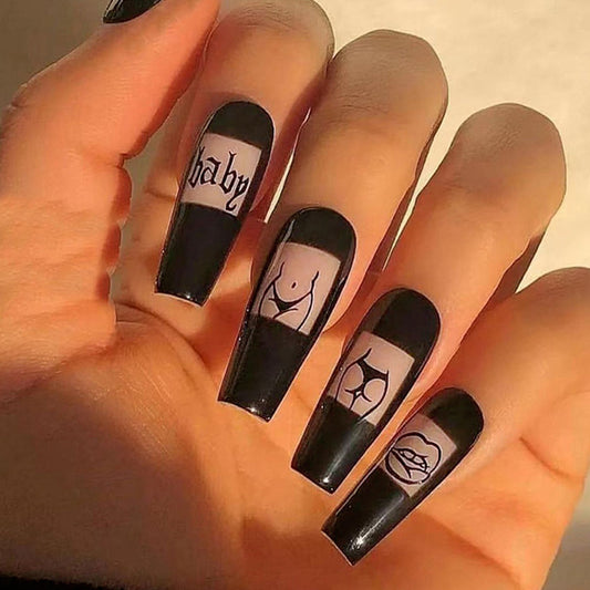 Glamorous Black Coffin Press On Nail Set Long Elegant Shape with Unique Artistic Design