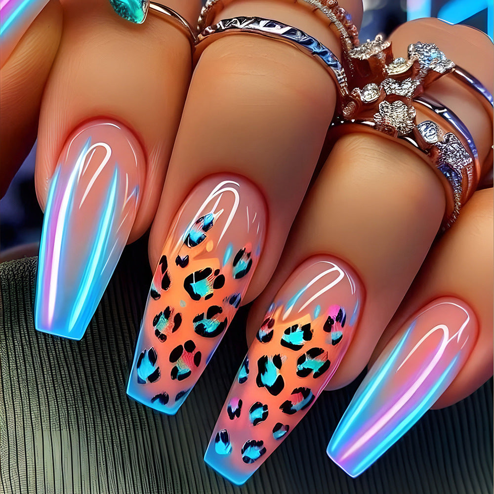 Vibrant Jungle Glow Medium Coffin Shape Iridescent Orange with Wild Leopard Design Press on Nail Set
