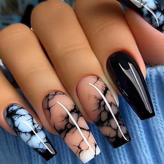 Elegant Marble Dream Extra Long Coffin Shape Black and White Marbled Design with Glossy Finish Press on Nail Set