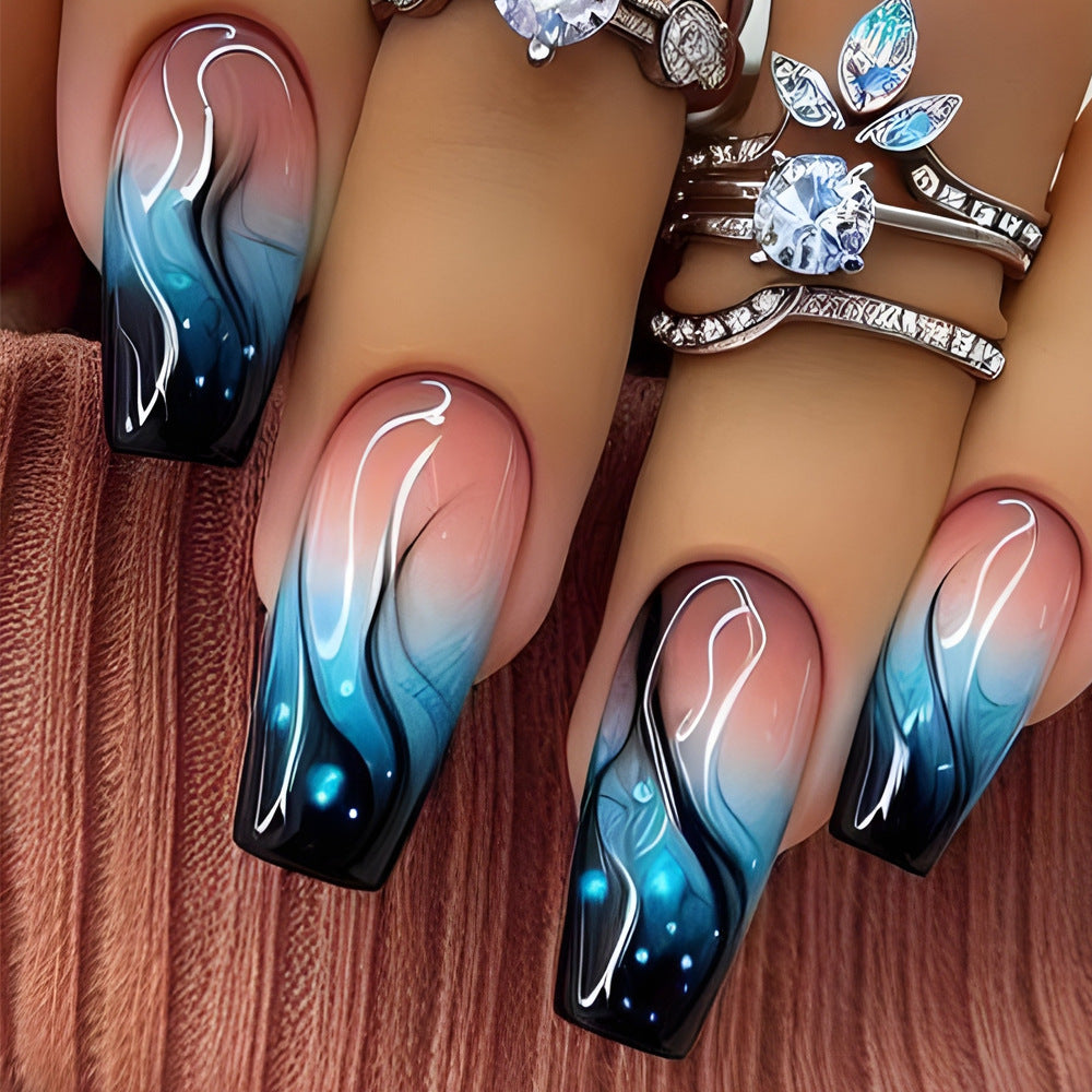 Ocean Breeze Ombre Medium Coffin Blue and Peach Gradient with Shimmering Accents Press On Nail Set