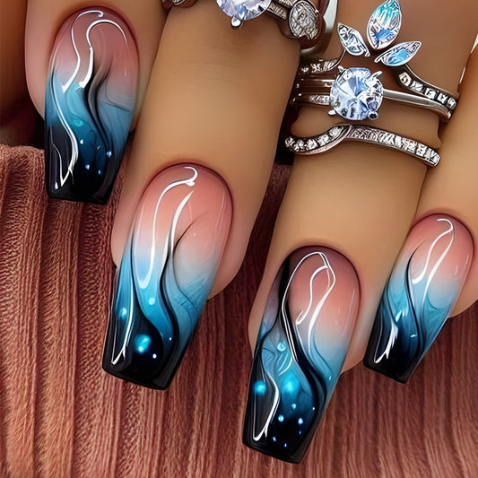 Ocean Breeze Ombre Medium Coffin Blue and Peach Gradient with Shimmering Accents Press On Nail Set