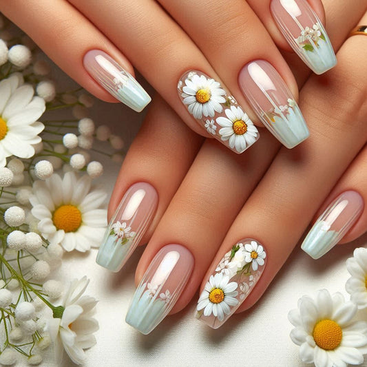 Whimsical Garden Long Coffin Transparent with Floral Accents Press On Nail Set