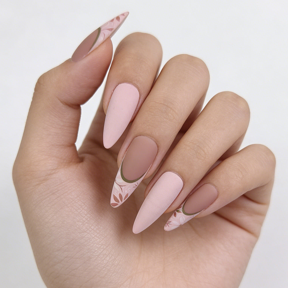Blossom Elegance Long Almond Pink Matte Nails with Floral Tips