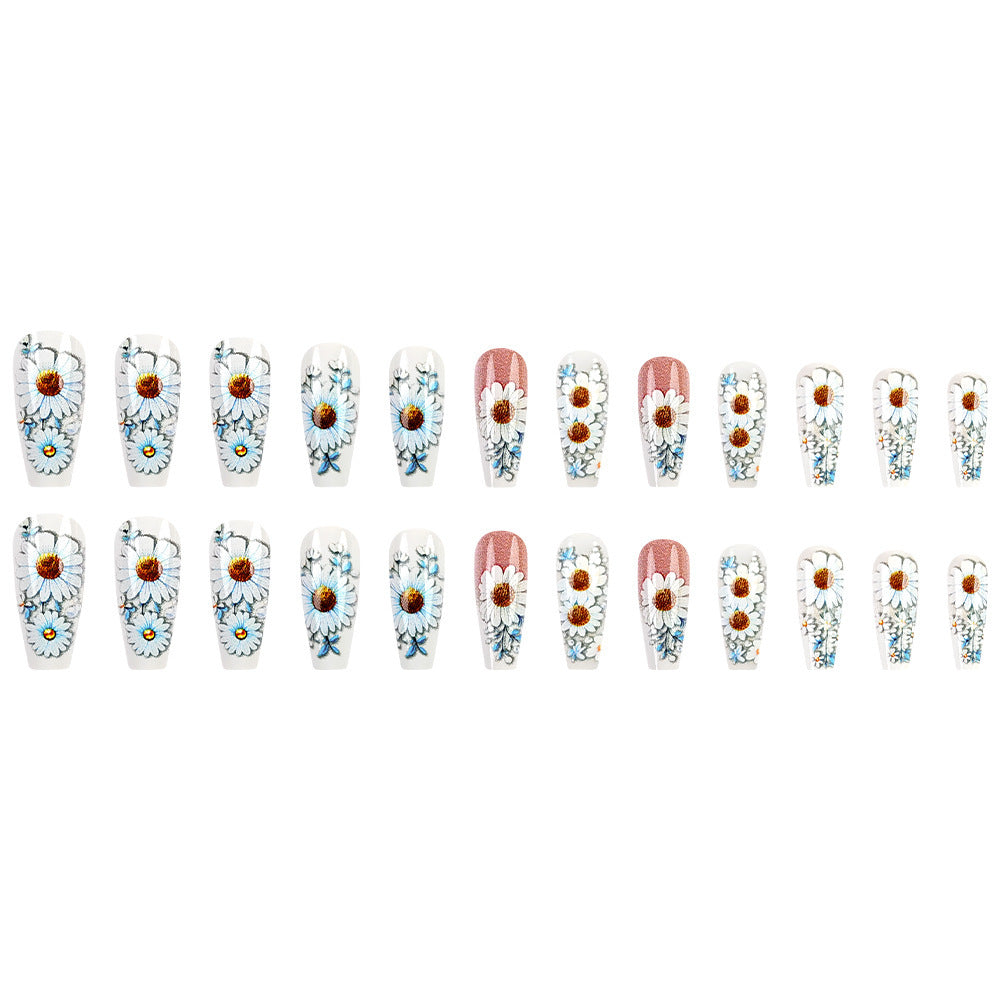 Garden Party Floral Long Coffin Press On Nail Set in Bright White with Charming Daisy Designs