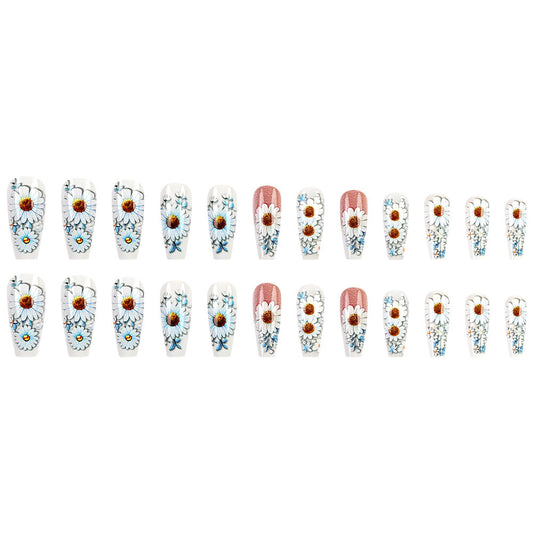 Garden Party Floral Long Coffin Press On Nail Set in Bright White with Charming Daisy Designs