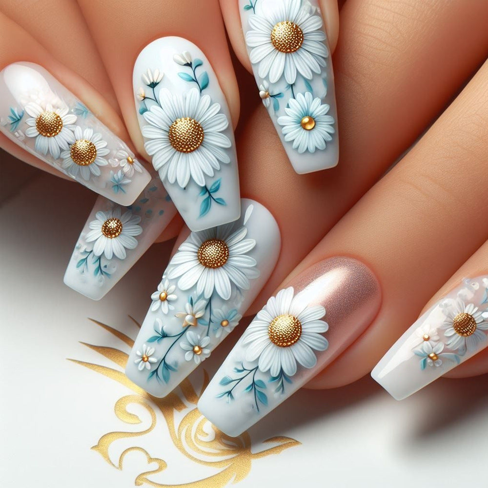 Charming Floral Dream Medium Coffin White Nails with Intricate Daisy Designs and Gold Accents
