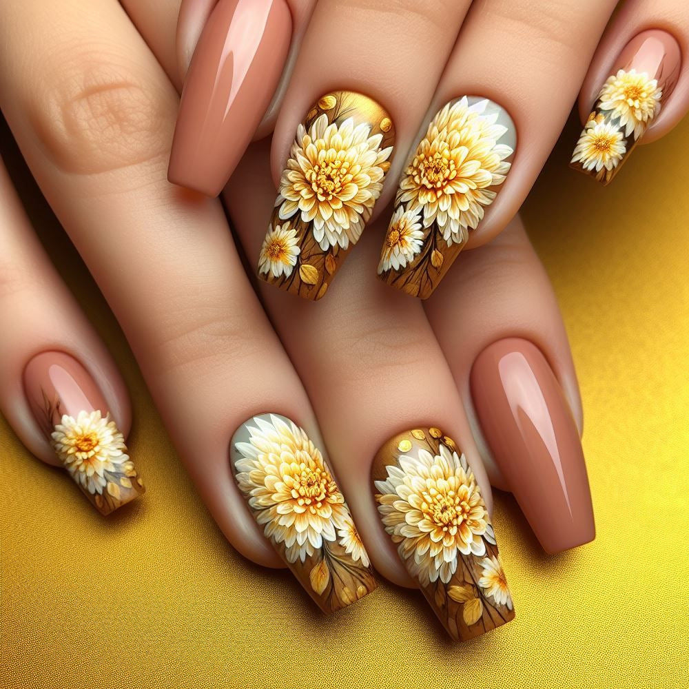 Blooming Beauty Elegant Medium Coffin Shaped Warm Peach and Floral Design Press On Nail Set