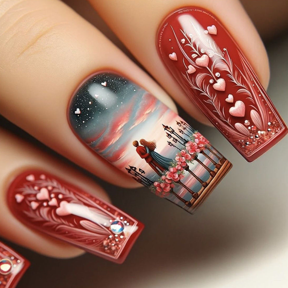 Romantic Evening Medium Square Red with Heart and Scenic Art Press Nail Set