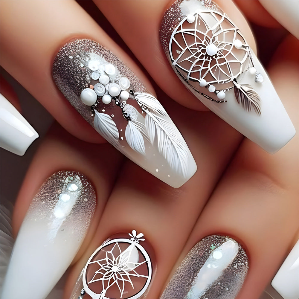 Dreamy Elegance Long Coffin Ombre White Nails with Intricate Dreamcatcher Designs