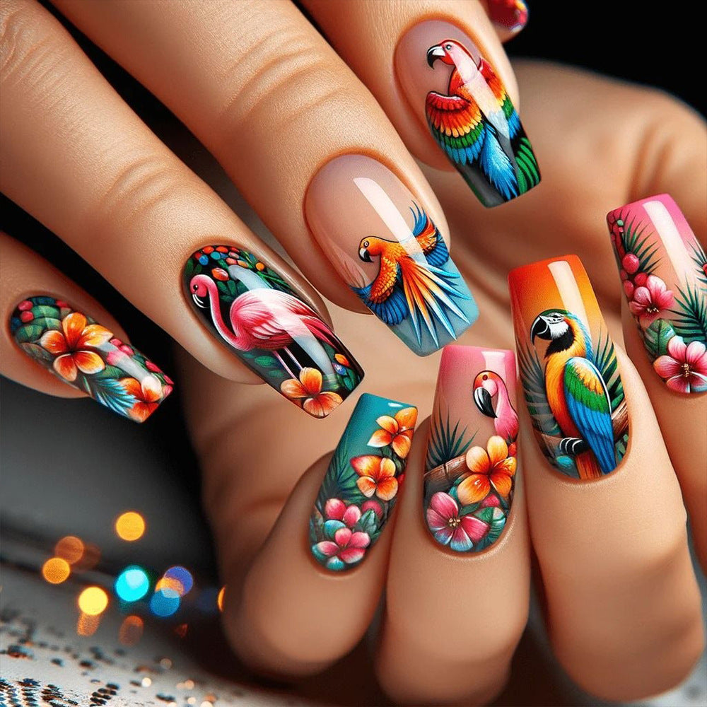 Tropical Paradise Long Coffin Multicolor Floral Design Press On Nail Set