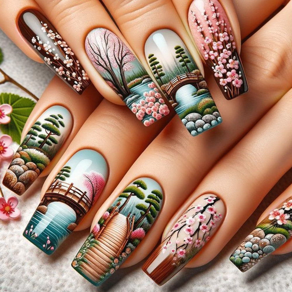 Serene Garden Long Coffin Decorative Press On Nail Set with Scenic Nature Art