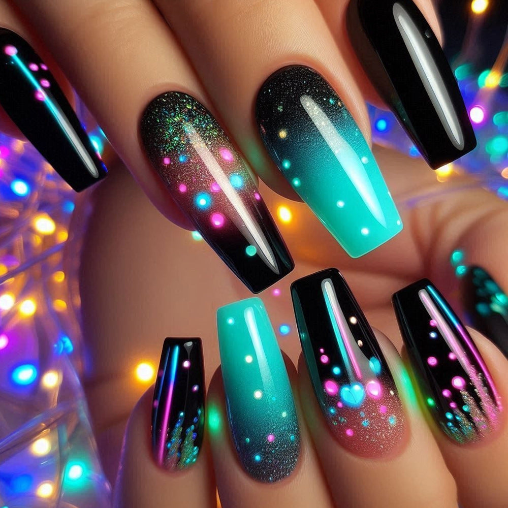Galactic Glamour Medium Coffin Neon Gradient Glow in the Dark Nail Set