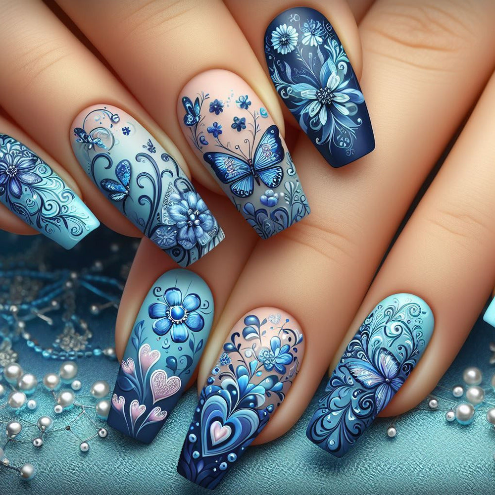 Whimsical Ocean Dream Medium Coffin Shaped Blue Floral Press On Nail Set with Butterfly Accents
