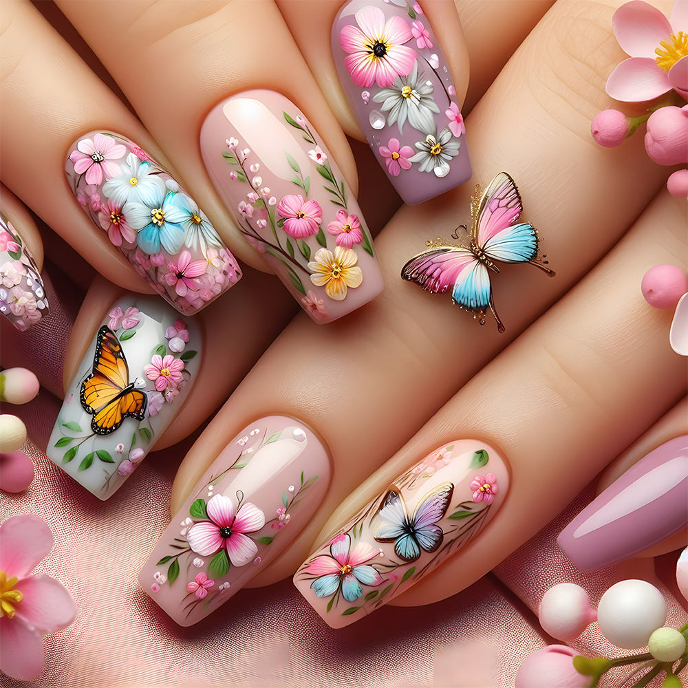 Whimsical Garden Medium Square Floral Press on Nail Set with Butterfly Accents and Vibrant Colors
