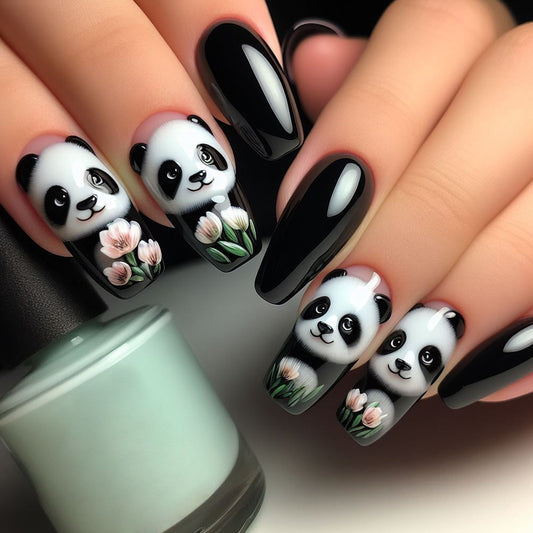 Panda Paradise Long Coffin Black Press On Nail Set with Adorable Panda and Floral Design