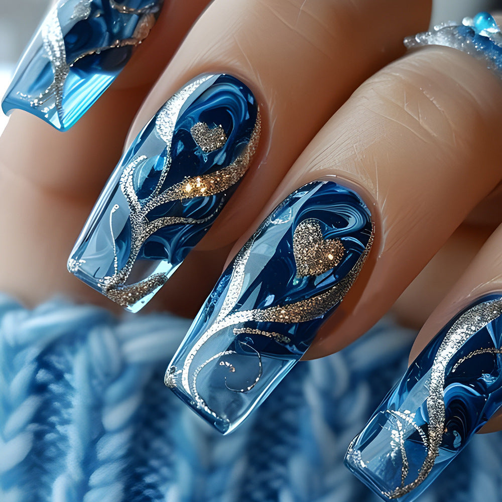 Ocean Breeze Elegant Long Square Blue Glitter Heart Press On Nail Set