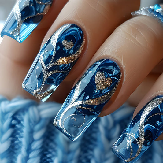 Ocean Breeze Elegant Long Square Blue Glitter Heart Press On Nail Set