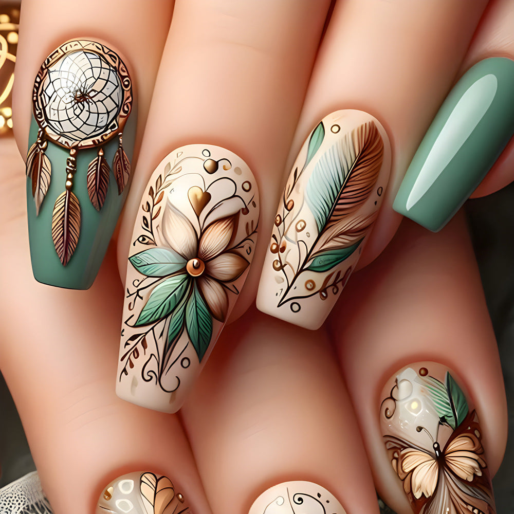 Bohemian Dream Long Coffin Green with Floral Artistry Press On Nail Set