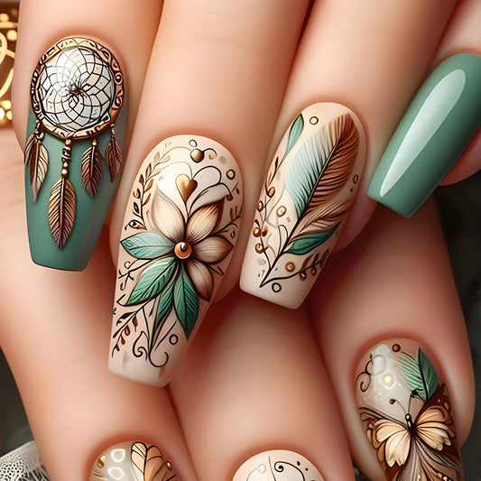 Bohemian Dream Long Coffin Green with Floral Artistry Press On Nail Set