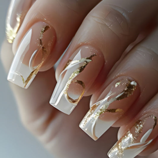 Gilded Elegance Long Square Clear and White Nails with Shimmering Gold Swirls