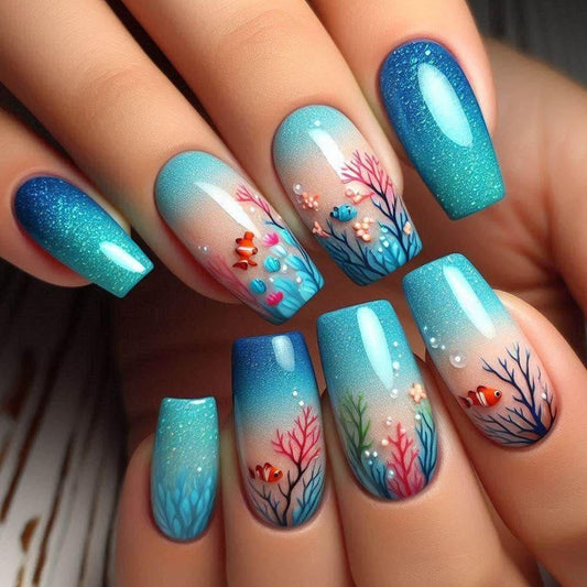 Underwater Paradise Long Coffin Aqua Gradient Nail Set with Coral and Fish Design