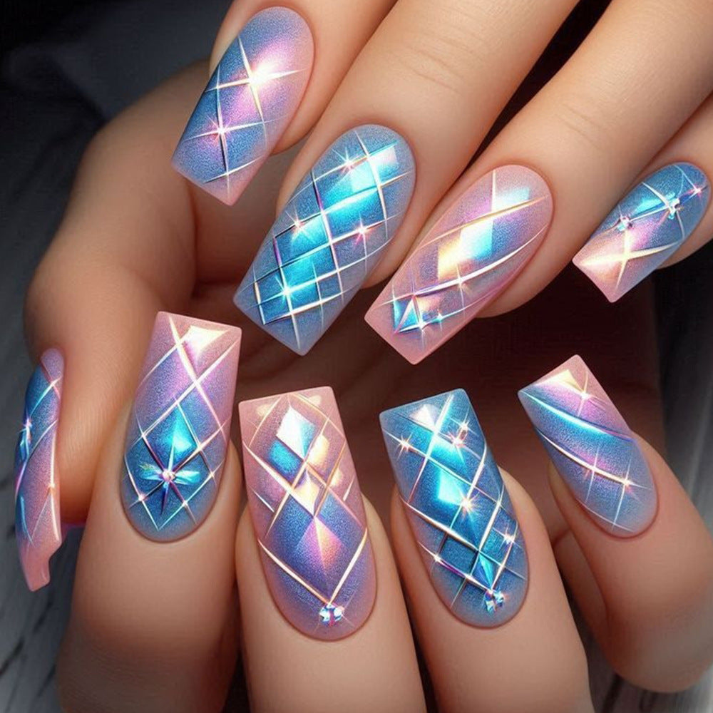 Dreamy Enchantment Long Square Blue and Pink Ombre Press On Nail Set with Glittering Diamond Accents