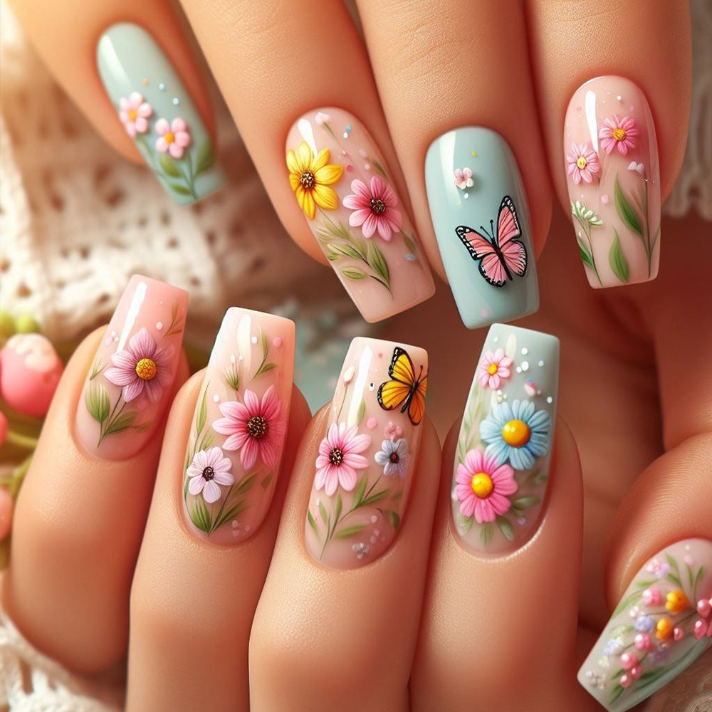 Garden Party Medium Square Floral Nail Set with Butterfly Art in Pastel Hues
